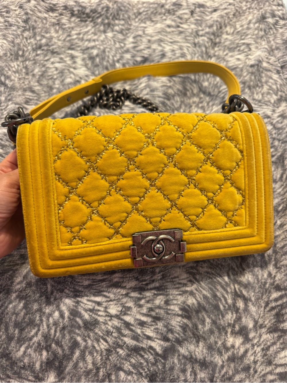 CHANEL Yellow Quilted Velvet Boy Bag with Chain Handle
